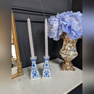 Vintage, Set of 2, Elegant Chinoiserie Blue & White Ceramic Candlestick Holders